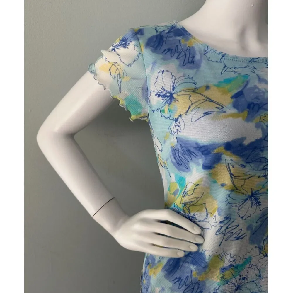 Vintage Y2K Pastel Floral Mesh Top Lettuce Hem Fairycore Baby Tee size Medium